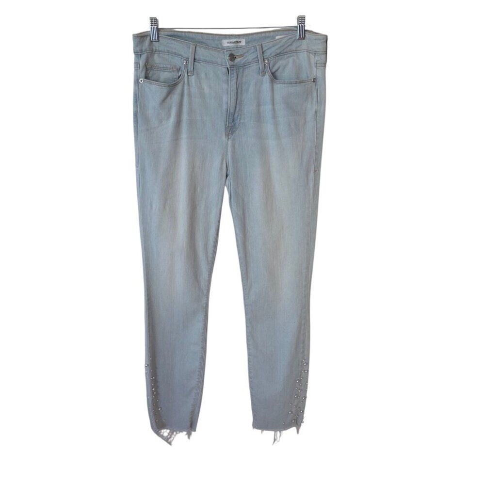 Good American Good Legs Jeans Raw Hem Faux Pearl Embellished Blue Sz 12/31 34x28